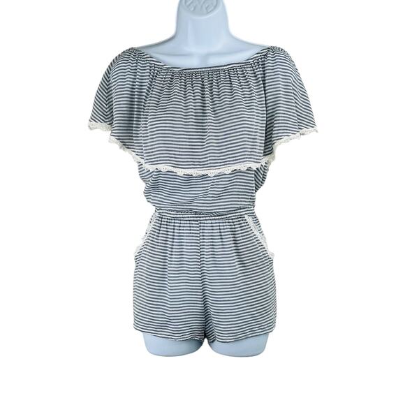 BECCA Navy White Stripe Crochet Trim Off Shoulder Shorts Romper Swim Cover Small - Picture 2 of 13